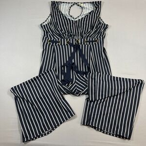 Wrapper Sleeveless Jumpsuit Womens 3x Navy White Striped Tie Waist Detail V Neck